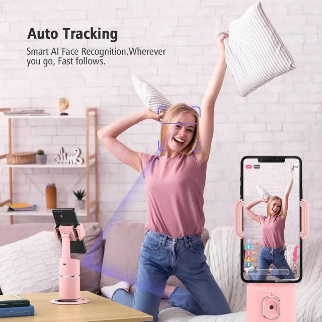 Alt view image 3 of 7 - Auto Face Tracking Phone Holder, No App Required, 360° Rotation Face Body Phone Tracking Tripod Smart Shooting Camera Mount for Live Vlog Streaming Video, Rechargeable Battery-Pink