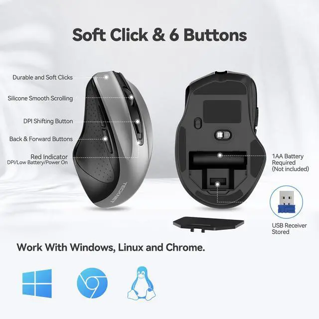 Alt view image 6 of 7 - Wireless Mouse, 2.4G Ergonomic Optical Mouse, Computer Mouse for Laptop, PC, Computer, Chromebook, Notebook, 6 Buttons, 24 Months Battery Life, 2600 DPI, 5 Adjustment Levels - Silver