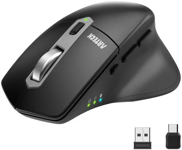 Main image of Multi-Device Wireless Bluetooth Mouse with Nano USB-A, USB-C Receiver Ergonomic Right Hand Silent Clicking Rechargeable Mouse for Computer Desktop PC Laptop Mac iPad and Windows 11/10 iPad OS