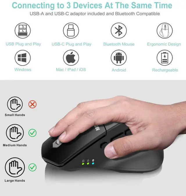 Alt view image 2 of 7 - Multi-Device Wireless Bluetooth Mouse with Nano USB-A, USB-C Receiver Ergonomic Right Hand Silent Clicking Rechargeable Mouse for Computer Desktop PC Laptop Mac iPad and Windows 11/10 iPad OS