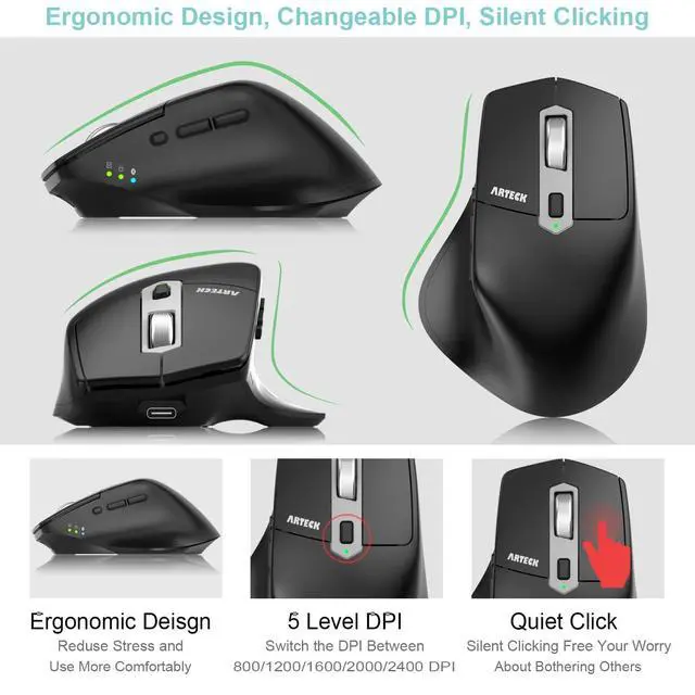 Alt view image 3 of 7 - Multi-Device Wireless Bluetooth Mouse with Nano USB-A, USB-C Receiver Ergonomic Right Hand Silent Clicking Rechargeable Mouse for Computer Desktop PC Laptop Mac iPad and Windows 11/10 iPad OS