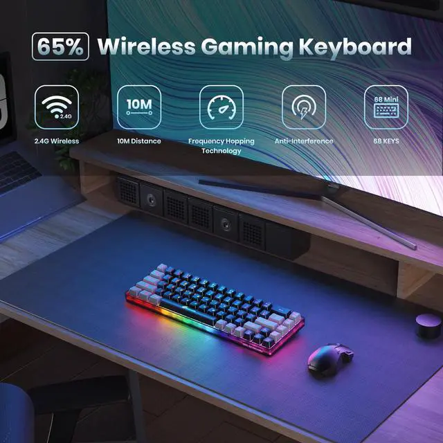Alt view image 2 of 6 - 65% Wireless Gaming Keyboard, Rechargeable Backlit Gaming Keyboard, 68 Keys Ultra-Compact Anti-ghosting No-Conflict Wireless Keyboard for PC Laptop Windows Gamer(Black-Grey)