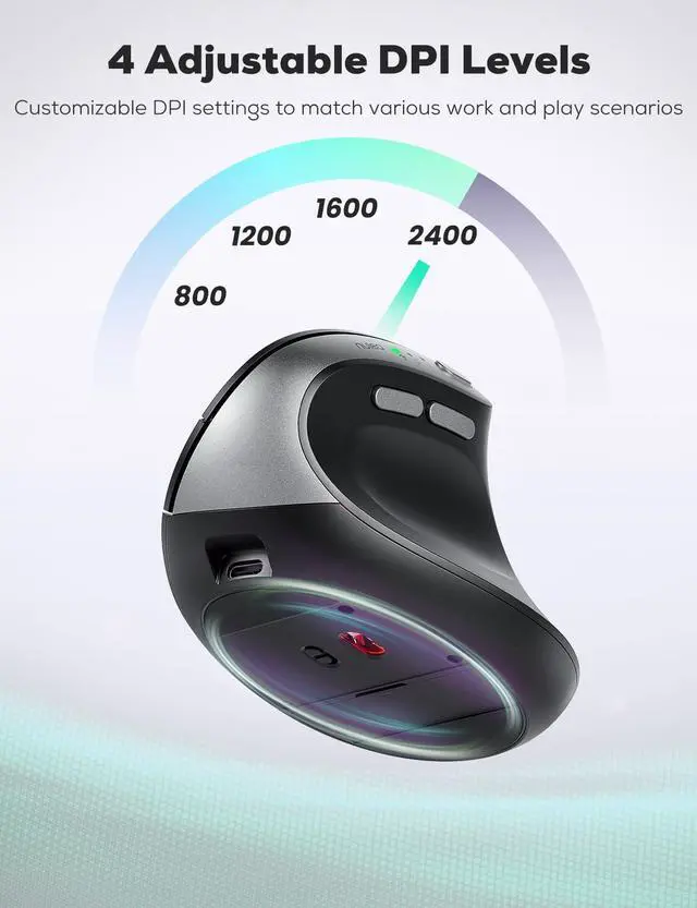 Alt view image 5 of 7 - MD280 Ergonomic Vertical Wireless Mouse - Bluetooth & 2.4G Dual Mode, 4 Adjustable DPI 800/1200/1600/2400, Rechargeable, Silent Clicks, No Lag, 6 Buttons - Perfect for Laptop, Desktop Black