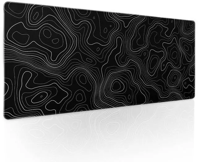 Main image of Topographic Contour Black Gaming Mouse Pad XL Topo Geographic Map Lines Extended Large Mouse Pad Big Desk Mat Non-Slip Rubber Base Stitched Edge Long Keyboard Playmat for Desk Computer,31.5×11.8 in