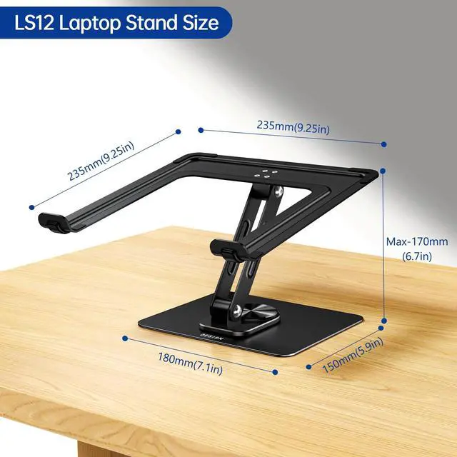 Alt view image 5 of 7 - LS12 Laptop Stand with 360° Rotating Base, Ergonomic Adjustable Notebook Holder, Computer Riser Stand Compatible with Air, Pro, Dell, HP, Lenovo More 10-14" Laptops (Black)