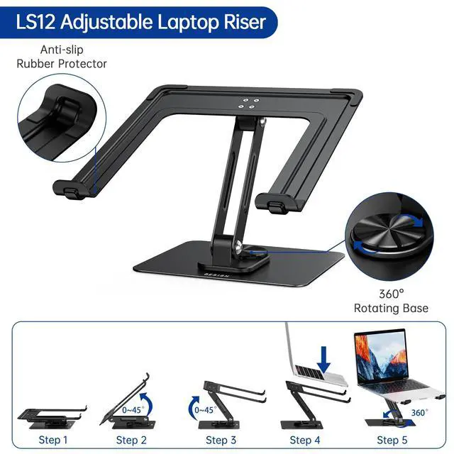 Alt view image 6 of 7 - LS12 Laptop Stand with 360° Rotating Base, Ergonomic Adjustable Notebook Holder, Computer Riser Stand Compatible with Air, Pro, Dell, HP, Lenovo More 10-14" Laptops (Black)