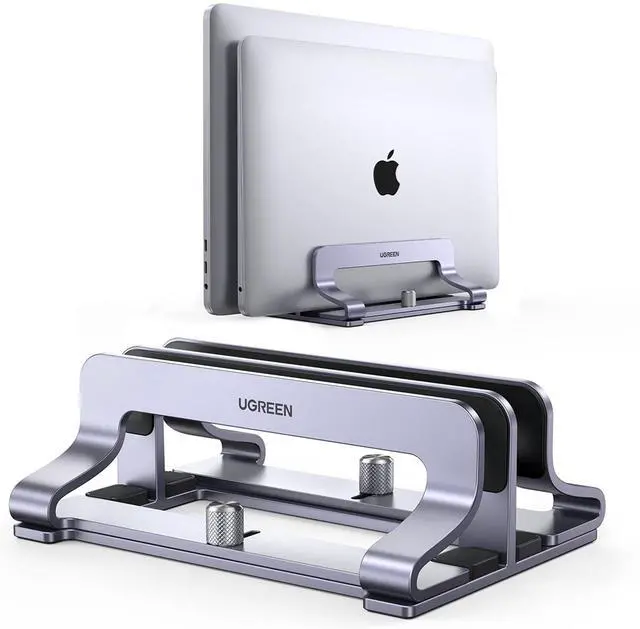 Main image of 2-Slot Vertical Laptop Stand Holder Desk Compatible with MacBook Pro Air Laptop Stand Desktop Adjustable, Lenovo Ideapad, Surface Book, HP Notebook, Dell Chromebook Up to 17.3 Inch, Space Gray