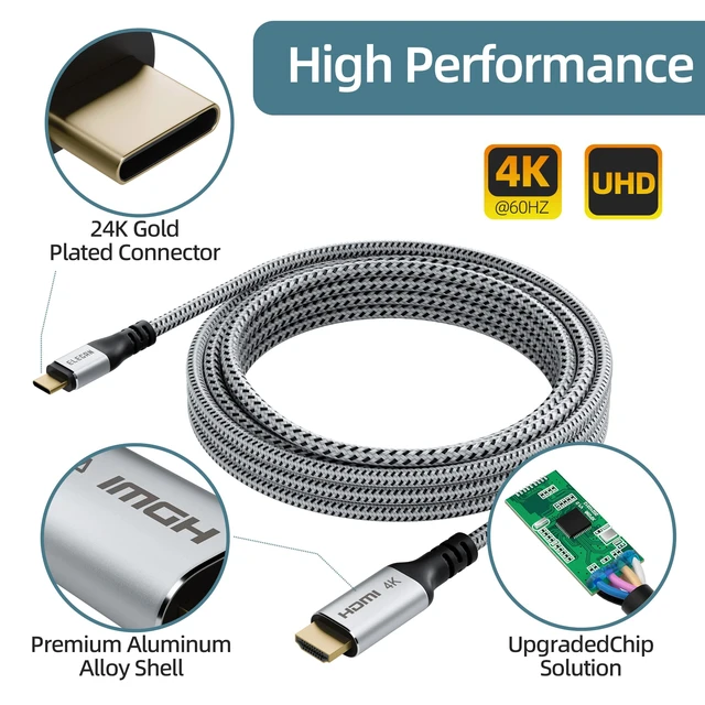 Alt view image 2 of 6 - Elecan USB C to HDMI Cable 10 Ft, 4K@60Hz HDR, Gold-Plated Braided High-Speed USB 3.1 Type-C to HDMI 2.0 Cord Thunderbolt 3 Compatible for Galaxy MacBook Pro/Air iPad Pro Surface Dell HP with 5 Ties