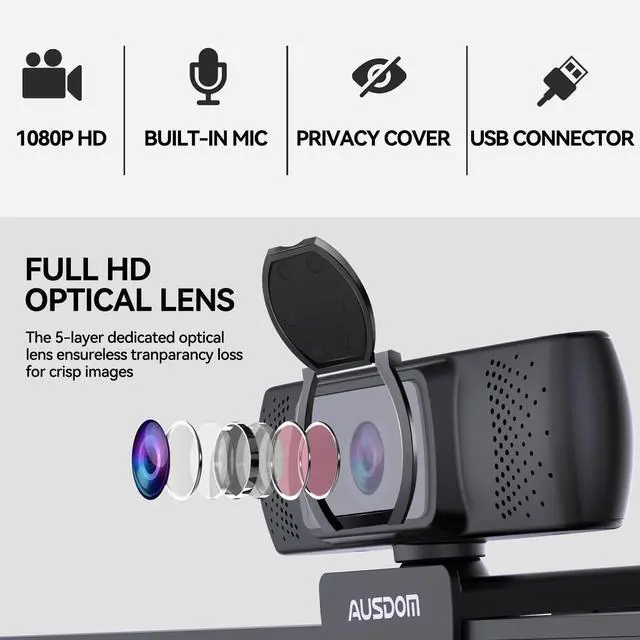 Alt view image 4 of 7 - AF640 1080P Webcam with Microphone, 90°FOV USB PC Camera Webcam with Privacy Cover, Plug and Play Computer Camera for Online Calling/Conferencing, Zoom/Skype/YouTube, Laptop/PC
