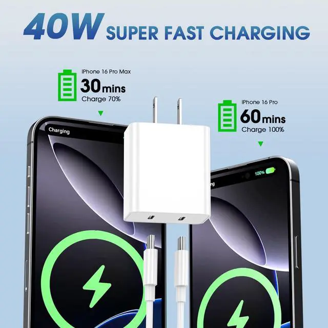 Alt view image 2 of 7 - iPhone 17 Pro Max Charger Fast Charging, 40W Dual USB C Fast Charger Block with 6ft Type C Charging Cable Cord for iPhone 17/17 Pro/17 Pro Max/Air/16/16 Pro/16 Pro Max/16 Plus/15/15 Pro Max