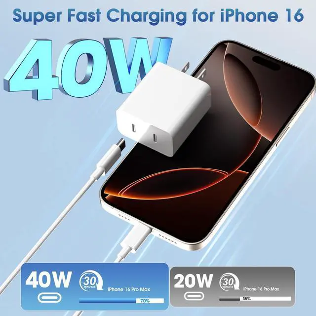 Alt view image 4 of 7 - iPhone 17 Pro Max Charger Fast Charging, 40W Dual USB C Fast Charger Block with 6ft Type C Charging Cable Cord for iPhone 17/17 Pro/17 Pro Max/Air/16/16 Pro/16 Pro Max/16 Plus/15/15 Pro Max