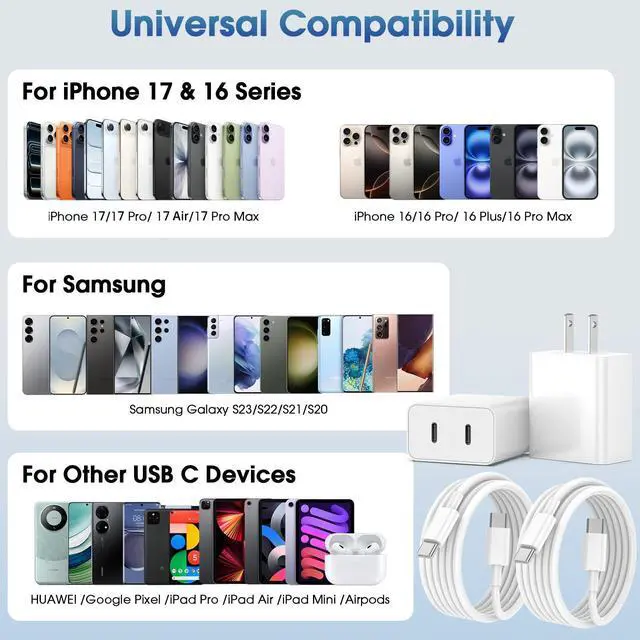 Alt view image 6 of 7 - iPhone 17 Pro Max Charger Fast Charging, 40W Dual USB C Fast Charger Block with 6ft Type C Charging Cable Cord for iPhone 17/17 Pro/17 Pro Max/Air/16/16 Pro/16 Pro Max/16 Plus/15/15 Pro Max