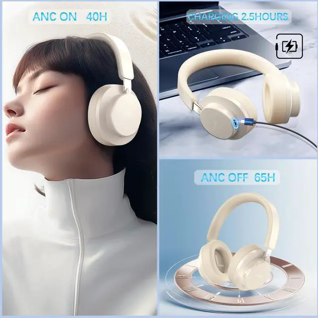 Alt view image 2 of 7 - Noise Cancelling Headphones Wireless Bluetooth, Over Ear Headphones Bluetooth with Microphone, Cancelling Wireless Headphone Over Ear, 65h Playtime, Clear Calls, Comfort Fit For Travel (Beige)