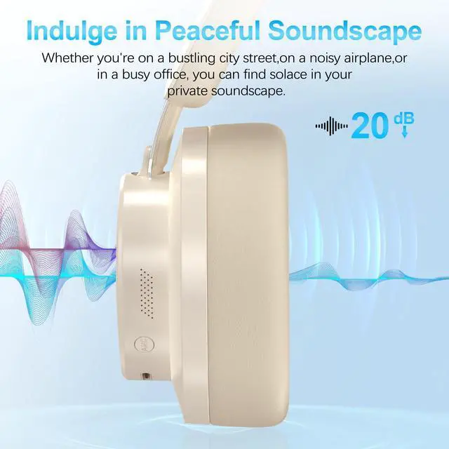 Alt view image 3 of 7 - Noise Cancelling Headphones Wireless Bluetooth, Over Ear Headphones Bluetooth with Microphone, Cancelling Wireless Headphone Over Ear, 65h Playtime, Clear Calls, Comfort Fit For Travel (Beige)