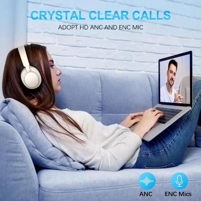 Alt view image 4 of 7 - Noise Cancelling Headphones Wireless Bluetooth, Over Ear Headphones Bluetooth with Microphone, Cancelling Wireless Headphone Over Ear, 65h Playtime, Clear Calls, Comfort Fit For Travel (Beige)