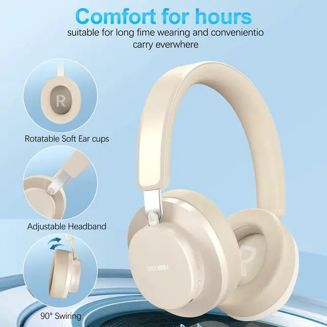 Alt view image 6 of 7 - Noise Cancelling Headphones Wireless Bluetooth, Over Ear Headphones Bluetooth with Microphone, Cancelling Wireless Headphone Over Ear, 65h Playtime, Clear Calls, Comfort Fit For Travel (Beige)
