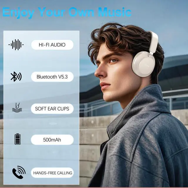 Alt view image 7 of 7 - Noise Cancelling Headphones Wireless Bluetooth, Over Ear Headphones Bluetooth with Microphone, Cancelling Wireless Headphone Over Ear, 65h Playtime, Clear Calls, Comfort Fit For Travel (Beige)