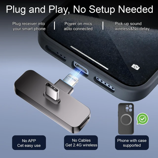 Alt view image 3 of 7 - 2-Pack Wireless Mini Lavalier Microphone for iPhone,Android Phone - 65ft Cordless Clip on Mics with Noise Reduction 6H Working Time for Video Recording