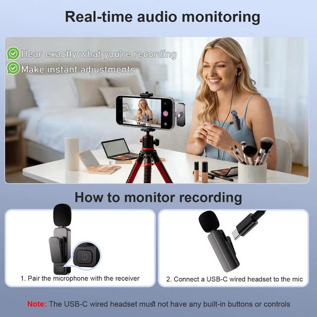 Alt view image 7 of 7 - 2-Pack Wireless Mini Lavalier Microphone for iPhone,Android Phone - 65ft Cordless Clip on Mics with Noise Reduction 6H Working Time for Video Recording