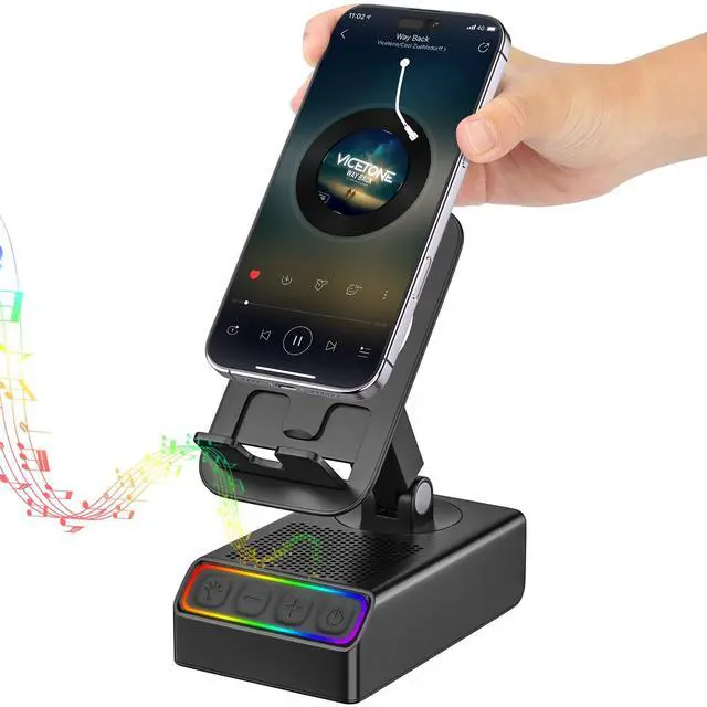 Main image of Wireless Induction Audio Bluetooth Speaker 5in1 Phone Holder Emergency Rechargeable with Colorful Ambient Light 300° Foldable for Tablet iPhone Android, Gifts for Men Women Mirror (Black)