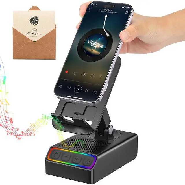 Alt view image 2 of 7 - Wireless Induction Audio Bluetooth Speaker 5in1 Phone Holder Emergency Rechargeable with Colorful Ambient Light 300° Foldable for Tablet iPhone Android, Gifts for Men Women Mirror (Black)