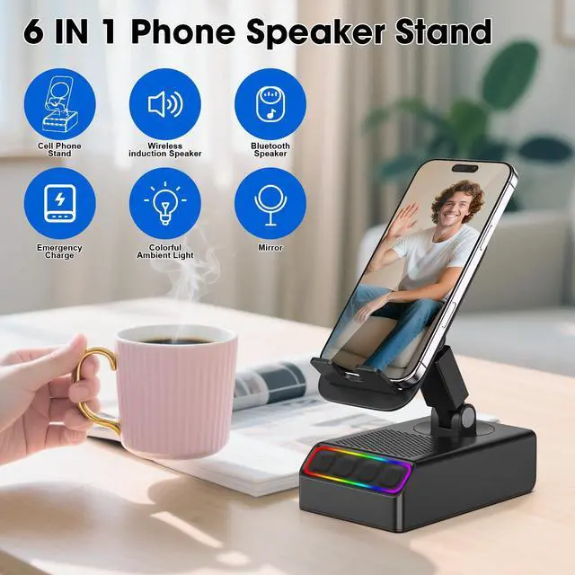 Alt view image 4 of 7 - Wireless Induction Audio Bluetooth Speaker 5in1 Phone Holder Emergency Rechargeable with Colorful Ambient Light 300° Foldable for Tablet iPhone Android, Gifts for Men Women Mirror (Black)