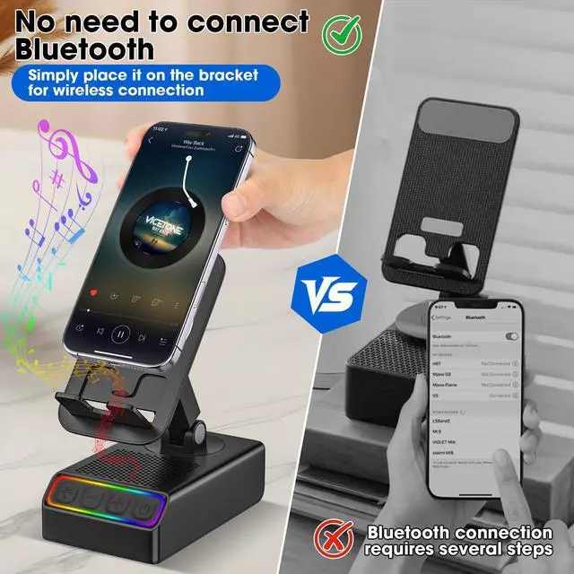 Alt view image 5 of 7 - Wireless Induction Audio Bluetooth Speaker 5in1 Phone Holder Emergency Rechargeable with Colorful Ambient Light 300° Foldable for Tablet iPhone Android, Gifts for Men Women Mirror (Black)