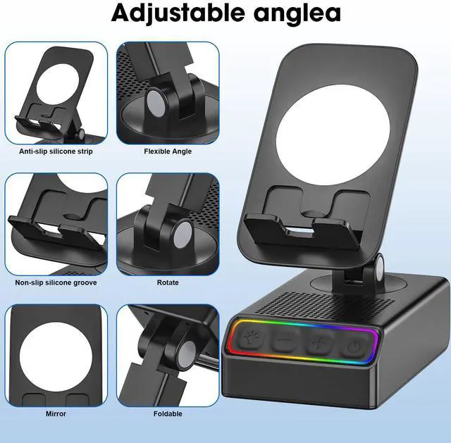 Alt view image 7 of 7 - Wireless Induction Audio Bluetooth Speaker 5in1 Phone Holder Emergency Rechargeable with Colorful Ambient Light 300° Foldable for Tablet iPhone Android, Gifts for Men Women Mirror (Black)