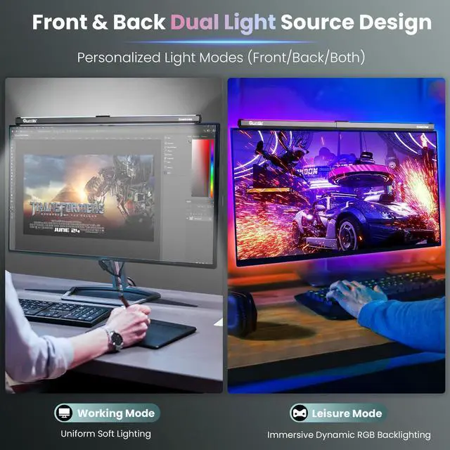 Alt view image 3 of 7 - Monitor Light RGB PRO Backlight, Eye-Care Dual Light Computer Light Bar Gaming Office Desk Lamp, 15 Modes Dimmable Backlight, 3 Color Temperature Adjustable Brightness, Ra95 Screen Light Bar
