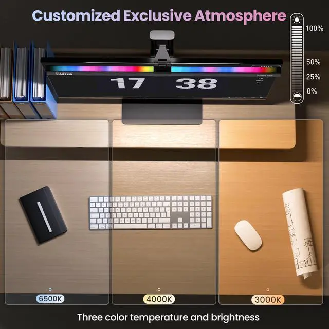 Alt view image 5 of 7 - Monitor Light RGB PRO Backlight, Eye-Care Dual Light Computer Light Bar Gaming Office Desk Lamp, 15 Modes Dimmable Backlight, 3 Color Temperature Adjustable Brightness, Ra95 Screen Light Bar