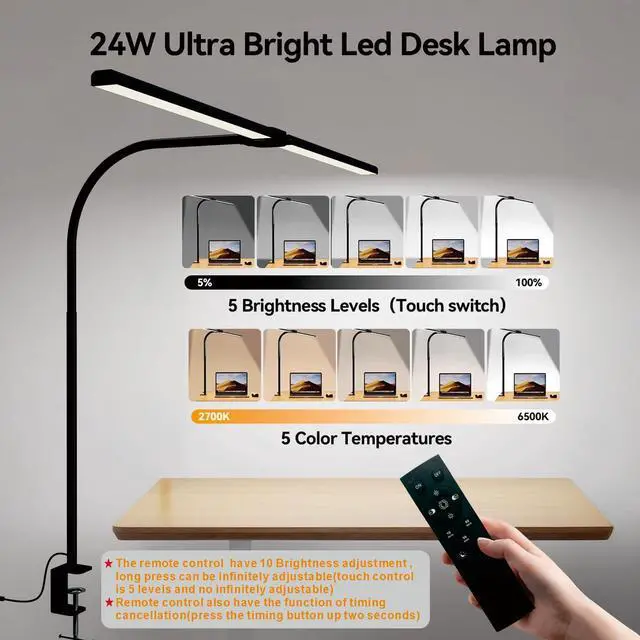 Alt view image 2 of 7 - LED Desk Lamp for Home Office, Eye Caring Architect Desk Light with Clamp,50 Lighting Models,Remote and Touch Control,24W 2000LM,Memory Function and Timer for Study, Reading,Workbench Black