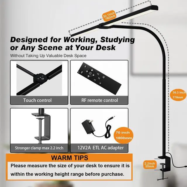 Alt view image 3 of 7 - LED Desk Lamp for Home Office, Eye Caring Architect Desk Light with Clamp,50 Lighting Models,Remote and Touch Control,24W 2000LM,Memory Function and Timer for Study, Reading,Workbench Black