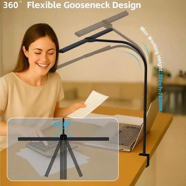 Alt view image 4 of 7 - LED Desk Lamp for Home Office, Eye Caring Architect Desk Light with Clamp,50 Lighting Models,Remote and Touch Control,24W 2000LM,Memory Function and Timer for Study, Reading,Workbench Black