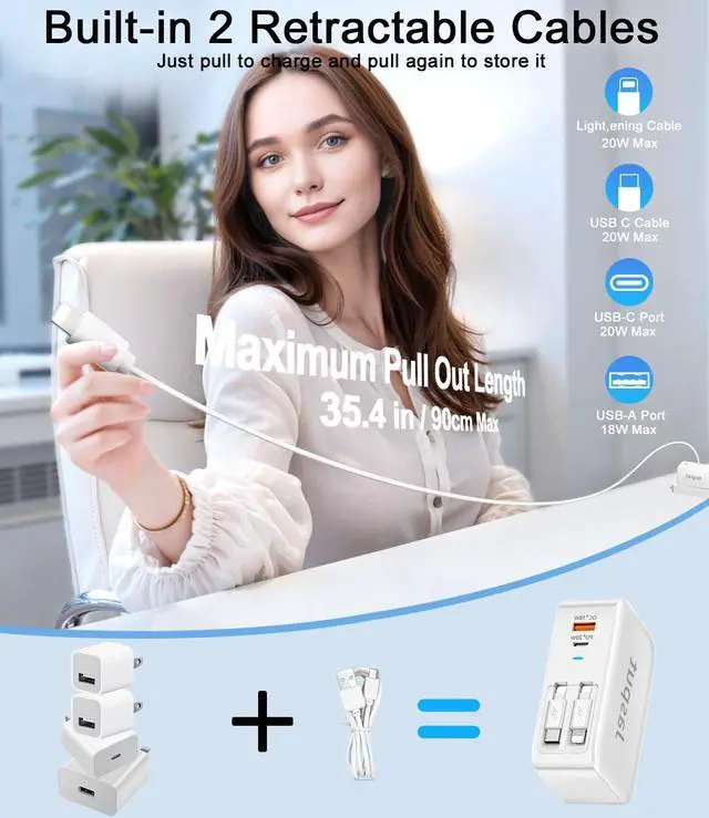 Alt view image 2 of 7 - 4 in 1 Retractable Wall Charger with Dual Cables,40W Retractable Phone Charger Wall Plug with Dual USB Ports,20W USB C Chargers Block Fast Charging for iPhone 17 16 15 14 13,LG, Galaxy S24 23,Pixel