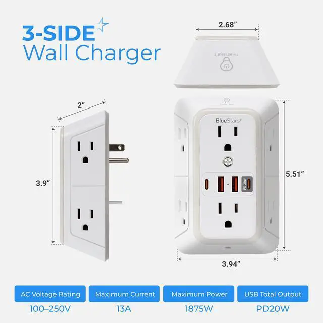 Alt view image 2 of 7 - Surge Protector Outlet Extender, 6 Outlets & 4 USB Ports with Fast Charging Type C PD 20W, Night Light, 3-Sided Power Strip, Multi Plug Wall Charger for Home, Office, Travel, Cruise Ship