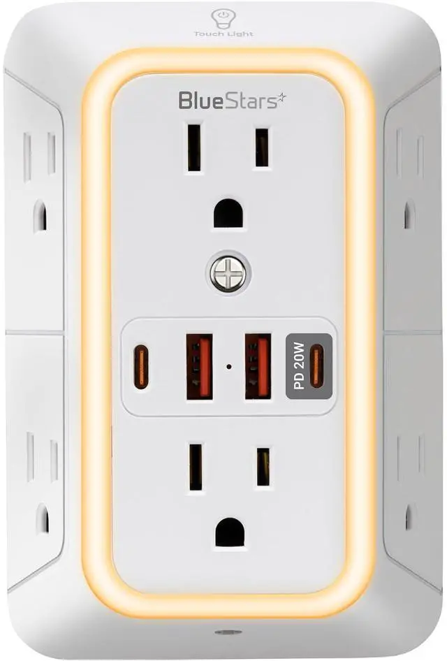 Main image of Surge Protector Outlet Extender, 6 Outlets & 4 USB Ports with Fast Charging Type C PD 20W, Night Light, 3-Sided Power Strip, Multi Plug Wall Charger for Home, Office, Travel, Cruise Ship