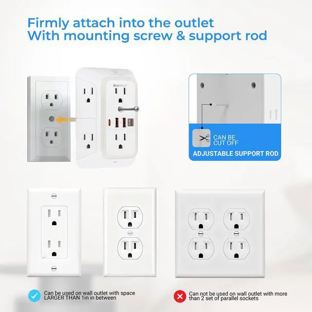 Alt view image 5 of 7 - Surge Protector Outlet Extender, 6 Outlets & 4 USB Ports with Fast Charging Type C PD 20W, Night Light, 3-Sided Power Strip, Multi Plug Wall Charger for Home, Office, Travel, Cruise Ship