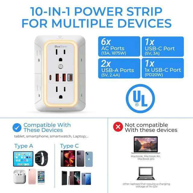Alt view image 3 of 7 - Surge Protector Outlet Extender, 6 Outlets & 4 USB Ports with Fast Charging Type C PD 20W, Night Light, 3-Sided Power Strip, Multi Plug Wall Charger for Home, Office, Travel, Cruise Ship