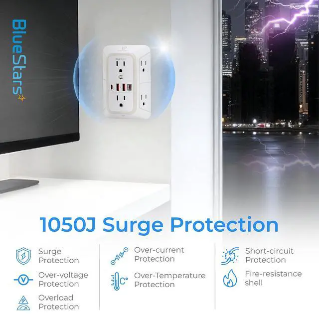 Alt view image 7 of 7 - Surge Protector Outlet Extender, 6 Outlets & 4 USB Ports with Fast Charging Type C PD 20W, Night Light, 3-Sided Power Strip, Multi Plug Wall Charger for Home, Office, Travel, Cruise Ship