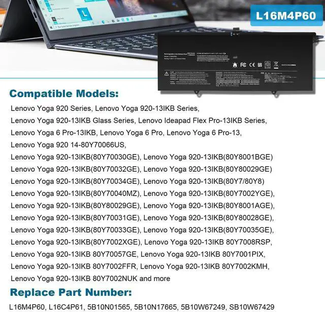 Alt view image 6 of 7 - L16C4P61 L16M4P60 Laptop Battery for Lenovo Yoga 920 920-13IKB 920-131KB 920-13IKB-80Y7 80Y8 81TF Ideapad Flex Pro-13IKB Yoga 6 Pro-13IKB 5B10N01565 5B10N17665 SB10W67429 5B10W67249 7.68V-70Wh