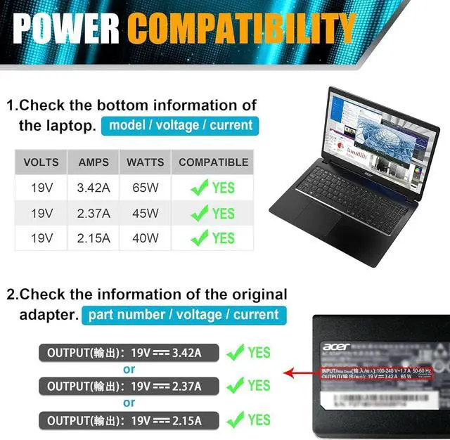 Alt view image 3 of 7 - 65W Replacement for Acer Laptop Charger N15Q8 N15Q9 N16P1 N20C5 Acer Aspire 1 3 5 A515-44 A515-45 A515-46 A515-54 A515-54G A515-55 A515-56 A514-54 Chromebook C738T C740 Spin 1 3 5 Swift 3 Power Cord