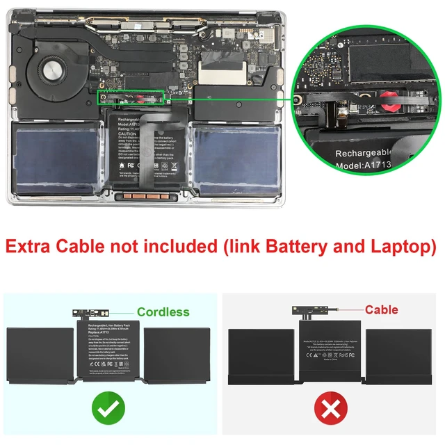 Alt view image 2 of 7 - Battery A1713 A2171 for MacBook Pro 13 Inch A2159 (2019) A2289 (2020) A2338 (2020), A1708 Late 2016 Mid 2017 (EMC 2978 3164), MPXQ2LL/A MLL42LL/A MLUQ2LL/A MPXR2LL/A MPXU2LL/A MPXT2LL/A