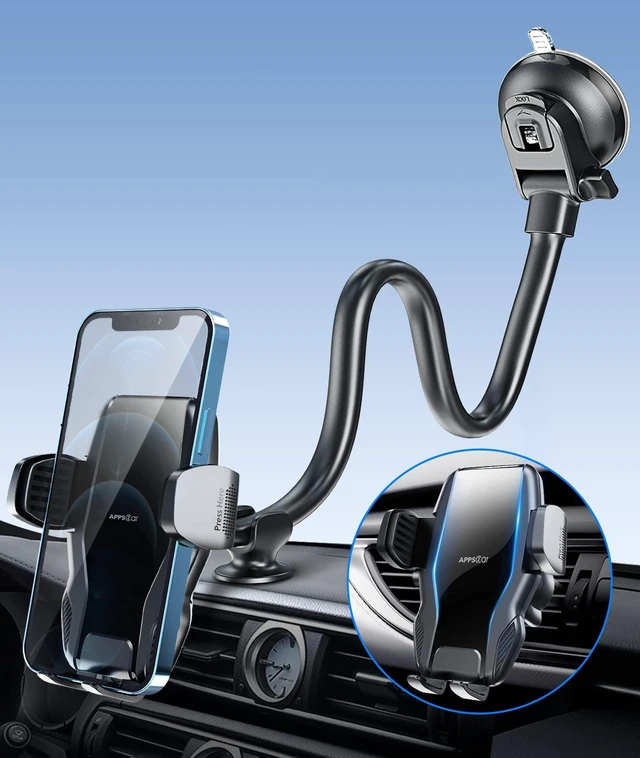 Main image of 13" Gooseneck Truck Phone Mount, Suction Cup for Windshield Vent | Flexible Long Arm, Anti-Shake Stabilizer, Windshield, Dash, or Vent Mount, for Most Trucks/Cars, Fits 4.7-6.8 inch Phones