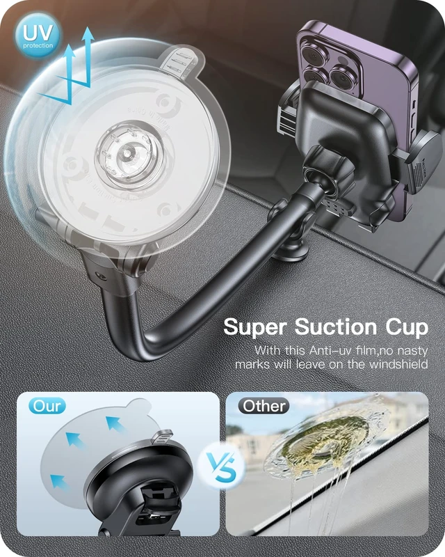 Alt view image 5 of 7 - 13" Gooseneck Truck Phone Mount, Suction Cup for Windshield Vent | Flexible Long Arm, Anti-Shake Stabilizer, Windshield, Dash, or Vent Mount, for Most Trucks/Cars, Fits 4.7-6.8 inch Phones