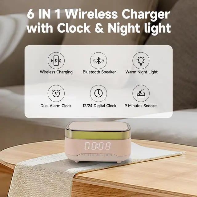 Alt view image 2 of 7 - Speaker Alarm Clock with Night Light,6 in 1 Wireless Charging Station for iPhone 17/16/Samsung Series,Clock for Bedroom Adjustable 3 Levels Digital Brightness Touch Snooze Sleep Timer 12/24H