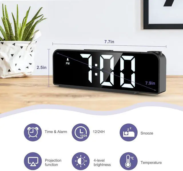 Alt view image 2 of 7 - Projection Alarm Clock, Alarm Clocks with Projection on Ceiling with 7.9" Large Display, LED Digital Clock with 4 Level Brightness, Snooze, Night Mode, Temperature, Clock for Bedroom Living Room