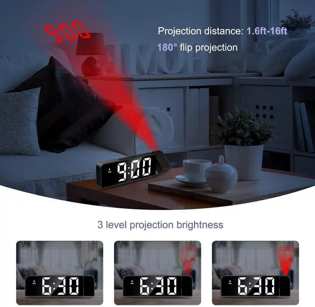 Alt view image 5 of 7 - Projection Alarm Clock, Alarm Clocks with Projection on Ceiling with 7.9" Large Display, LED Digital Clock with 4 Level Brightness, Snooze, Night Mode, Temperature, Clock for Bedroom Living Room