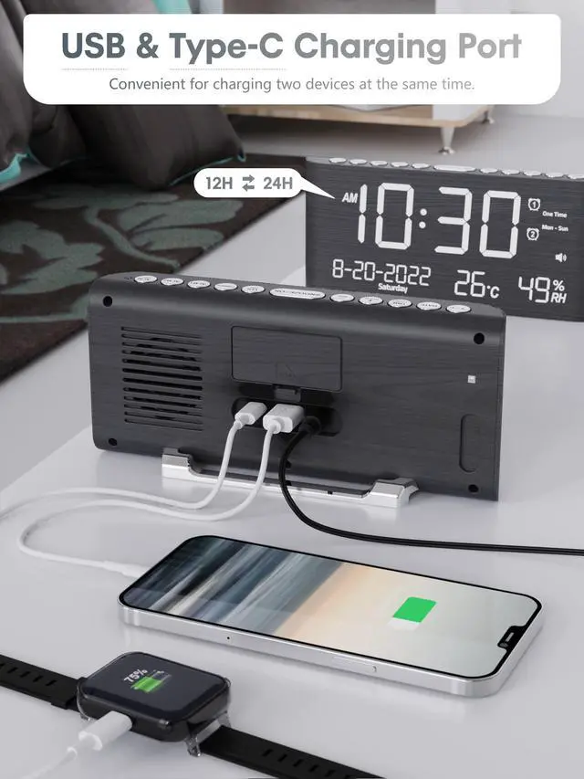Alt view image 3 of 7 - Alarm Clock, 8.7 Inch Digital Clock, Alarm Clock with USB and Type-C Charger,Dual Alarms,Temperature, Humidity,Date, 5 Adjustable Volume and 5 Dimmer for Bedroom Living Room Office (Grey)