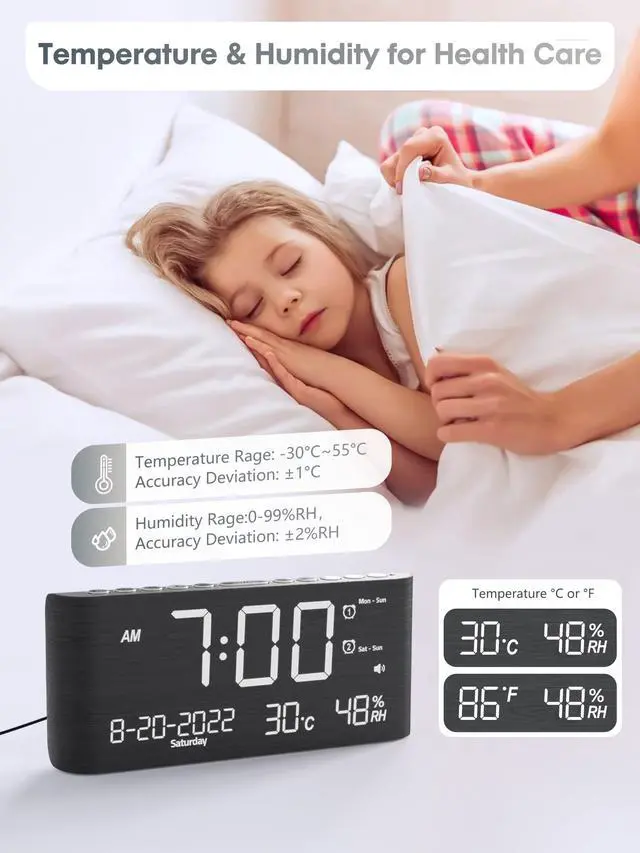 Alt view image 4 of 7 - Alarm Clock, 8.7 Inch Digital Clock, Alarm Clock with USB and Type-C Charger,Dual Alarms,Temperature, Humidity,Date, 5 Adjustable Volume and 5 Dimmer for Bedroom Living Room Office (Grey)