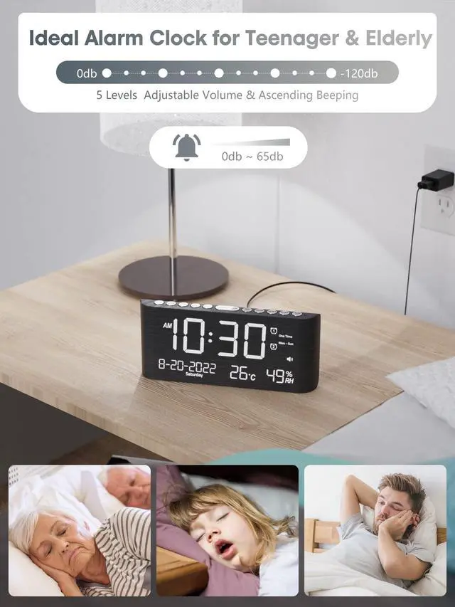 Alt view image 5 of 7 - Alarm Clock, 8.7 Inch Digital Clock, Alarm Clock with USB and Type-C Charger,Dual Alarms,Temperature, Humidity,Date, 5 Adjustable Volume and 5 Dimmer for Bedroom Living Room Office (Grey)